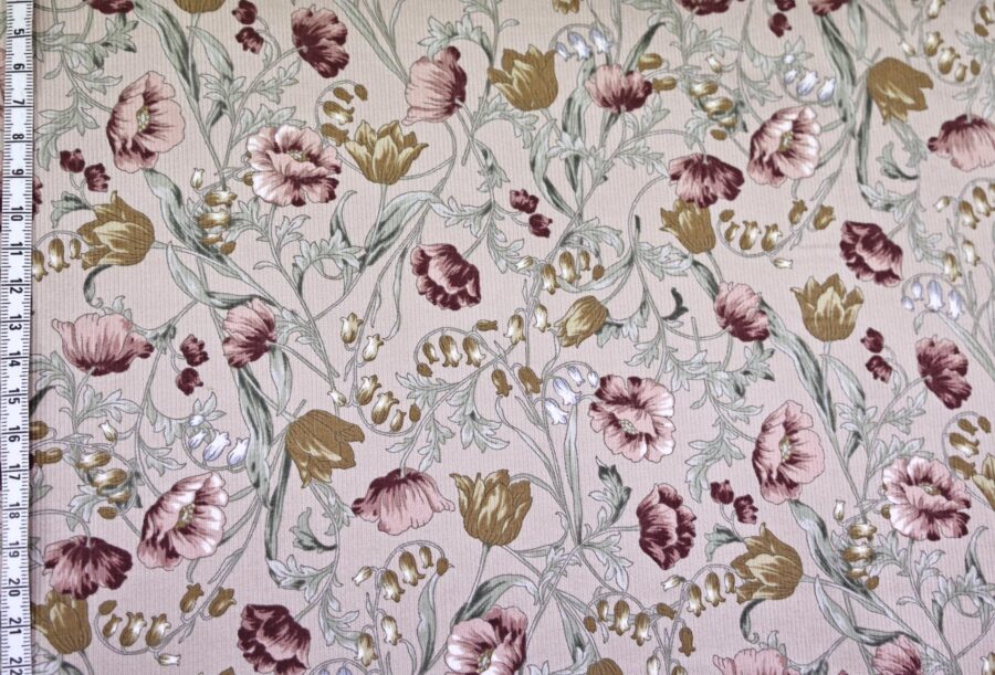 Tissu velours côtelé imprimé fleurs fond rose. japanese fabric