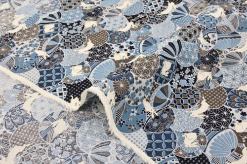 Tissu Japonais lapin et Temari bleu. Japanese fabric