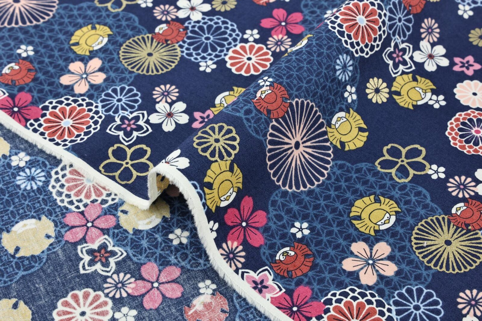 Tissu oiseaux kawaii et fleurs. Japanese fabric