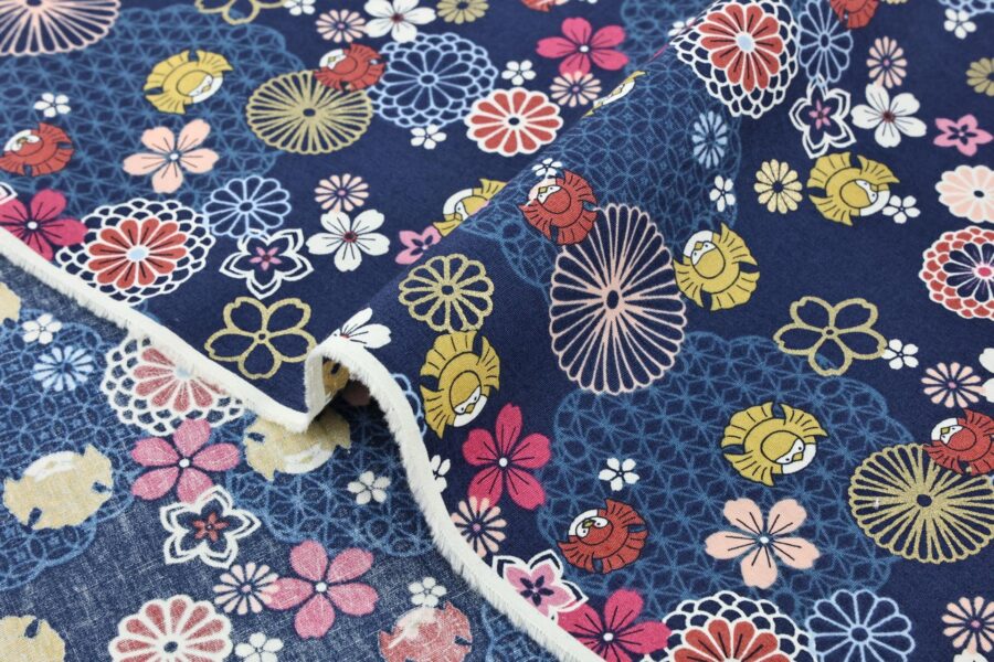 Tissu oiseaux kawaii et fleurs. Japanese fabric