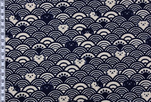 Tissu Maneki Neko Seigaiha bleu beige