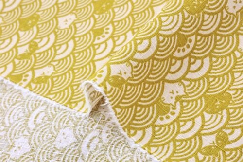 Tissu Maneki Neko Seigaiha jaune beige