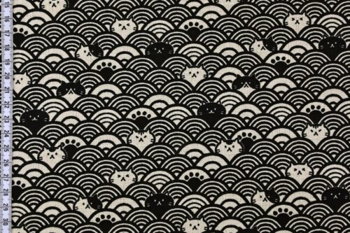 Tissu Maneki Neko Seigaiha noir beige