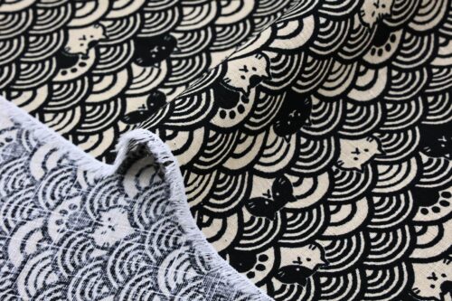 Tissu Maneki Neko Seigaiha noir beige