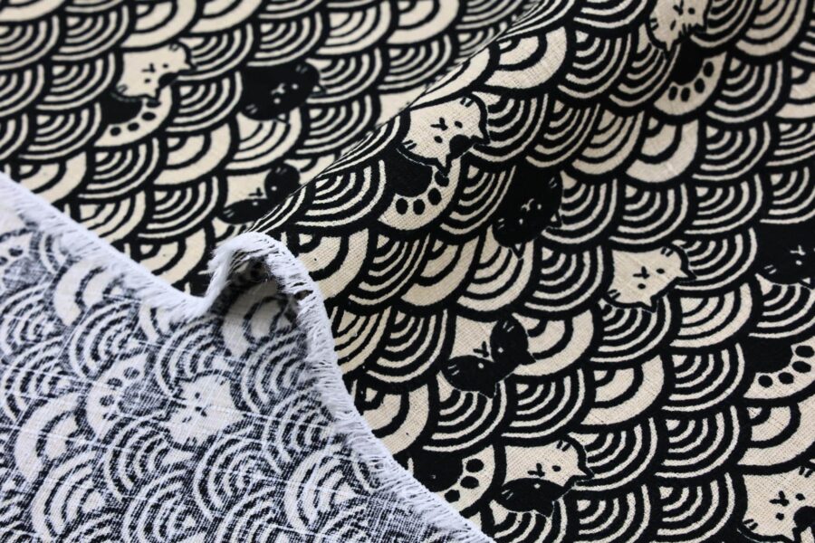 Tissu Maneki Neko Seigaiha noir beige