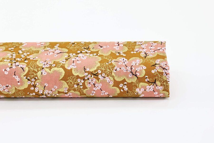 Tissu Japonais Ume rose doré fond orange. Japanese fabric 