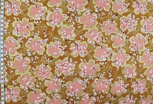 Tissu Japonais Ume rose doré fond orange. Japanese fabric