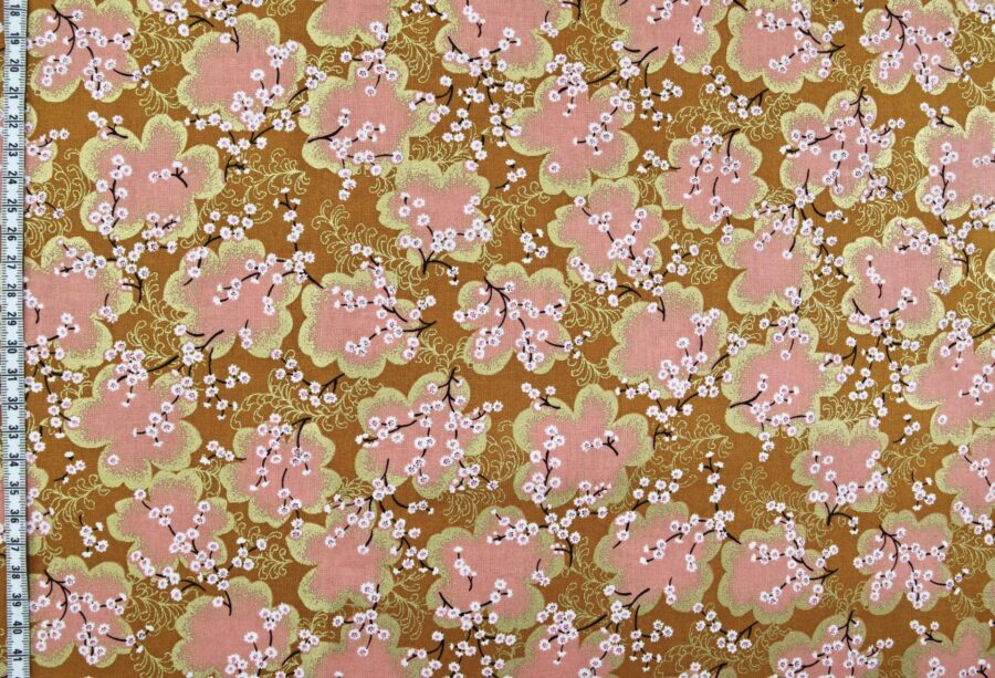 Tissu Japonais Ume rose doré fond orange. Japanese fabric