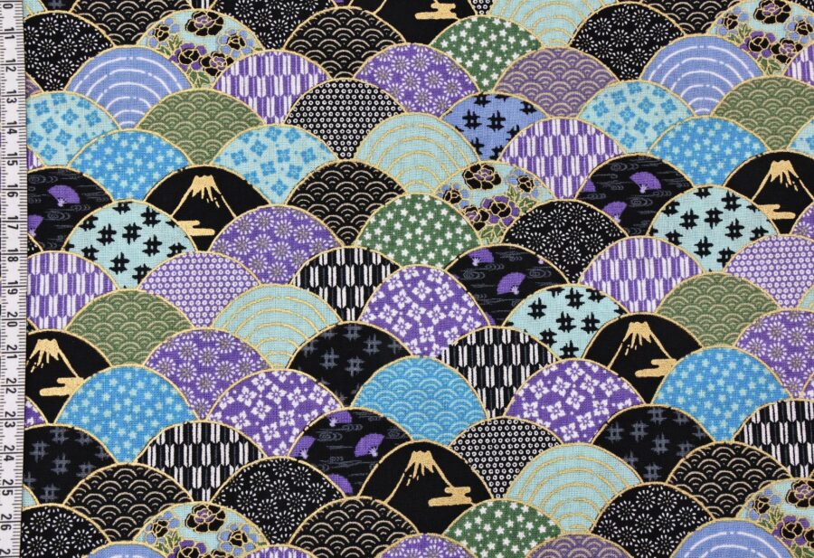 Tissu vagues multi motifs bleu noir violet. Japanese fabric