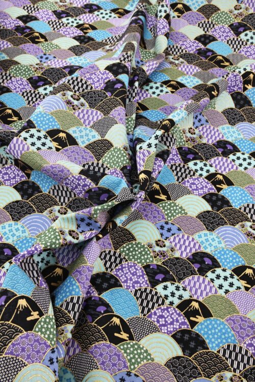 Tissu vagues multi motifs bleu noir violet. Japanese fabric