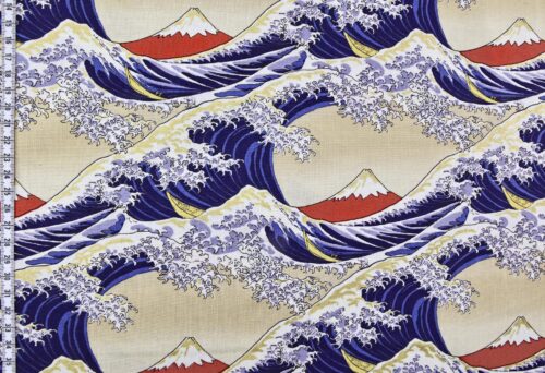Japanese Hokusai fabric The Great Wave off Kanagawa in beige