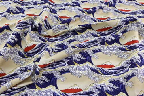 Japanese Hokusai fabric The Great Wave off Kanagawa in beige