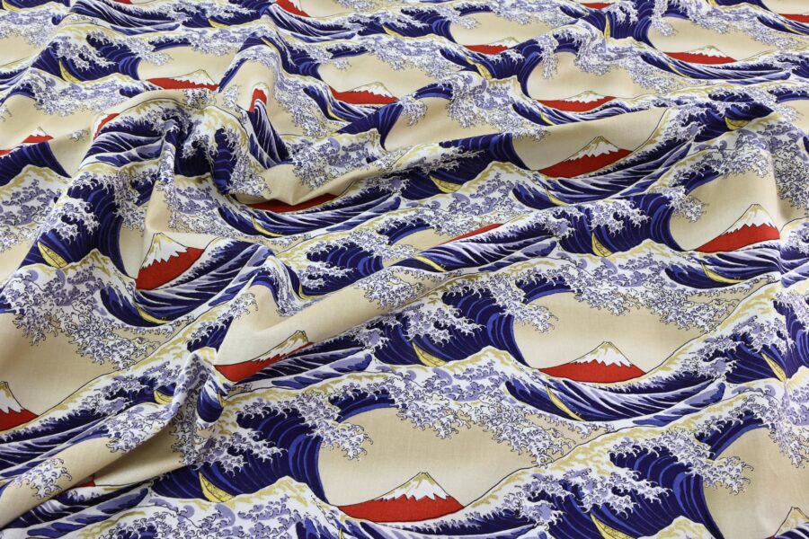 Japanese Hokusai fabric The Great Wave off Kanagawa in beige