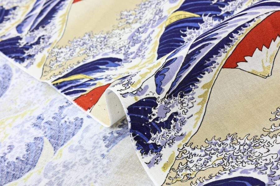 Japanese Hokusai fabric The Great Wave off Kanagawa in beige