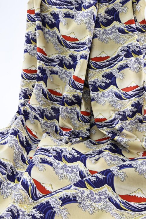 Japanese Hokusai fabric The Great Wave off Kanagawa in beige