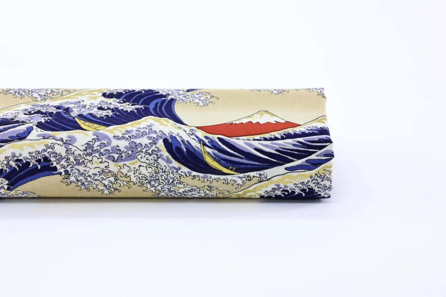 Japanese Hokusai fabric The Great Wave off Kanagawa in beige