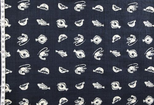Japanese Katazome-style fabric with fish and shrimp patterns