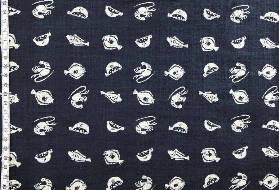 Japanese Katazome-style fabric with fish and shrimp patterns