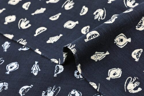 Japanese Katazome-style fabric with fish and shrimp patterns