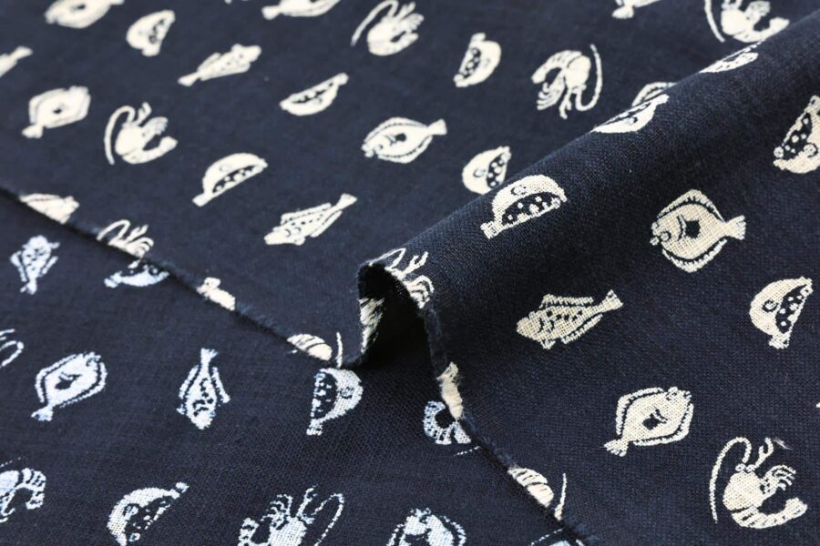 Japanese Katazome-style fabric with fish and shrimp patterns