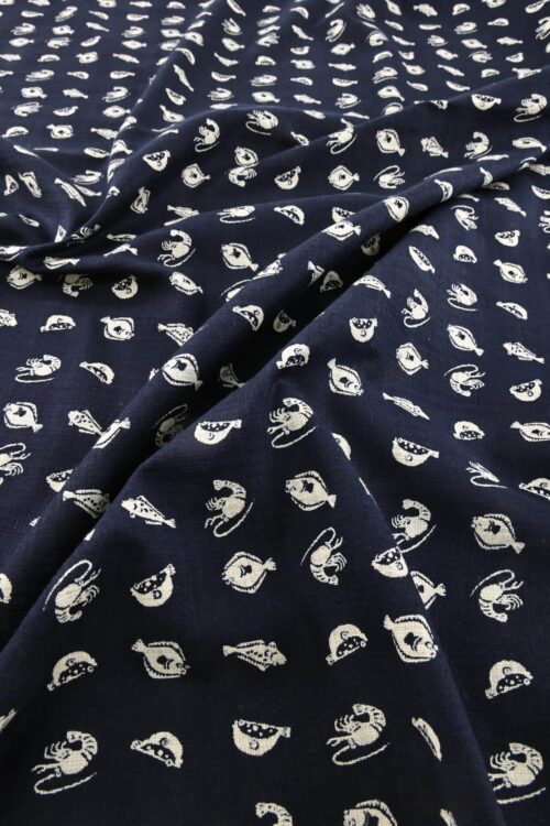 Japanese Katazome-style fabric with fish and shrimp patterns