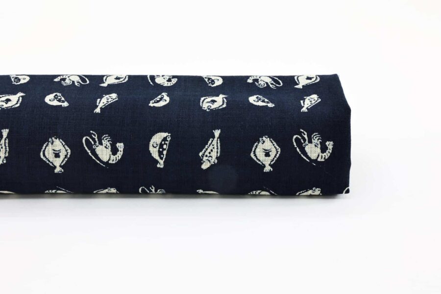 Japanese Katazome-style fabric with fish and shrimp patterns