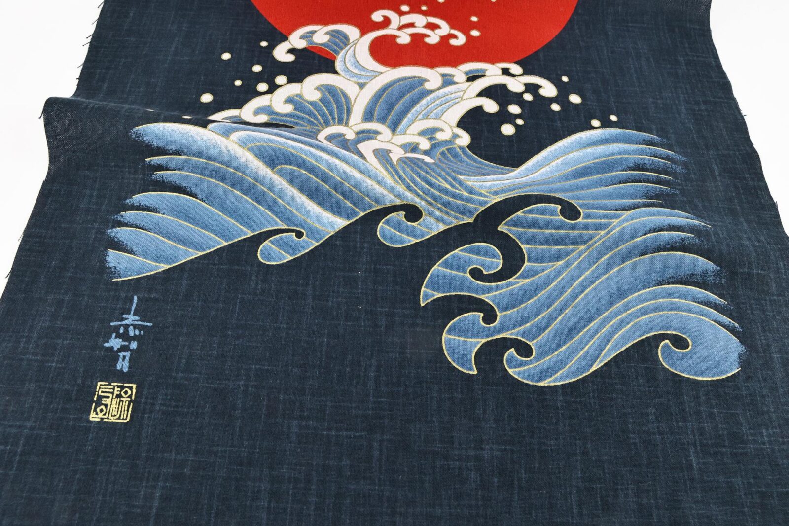 Japanese fabric panel with Crane Sun and Wav hand-printed