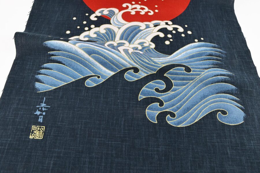 Japanese fabric panel with Crane Sun and Wav hand-printed