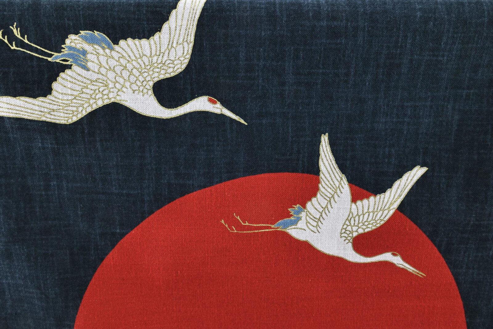 Japanese fabric panel with Crane Sun and Wav hand-printed