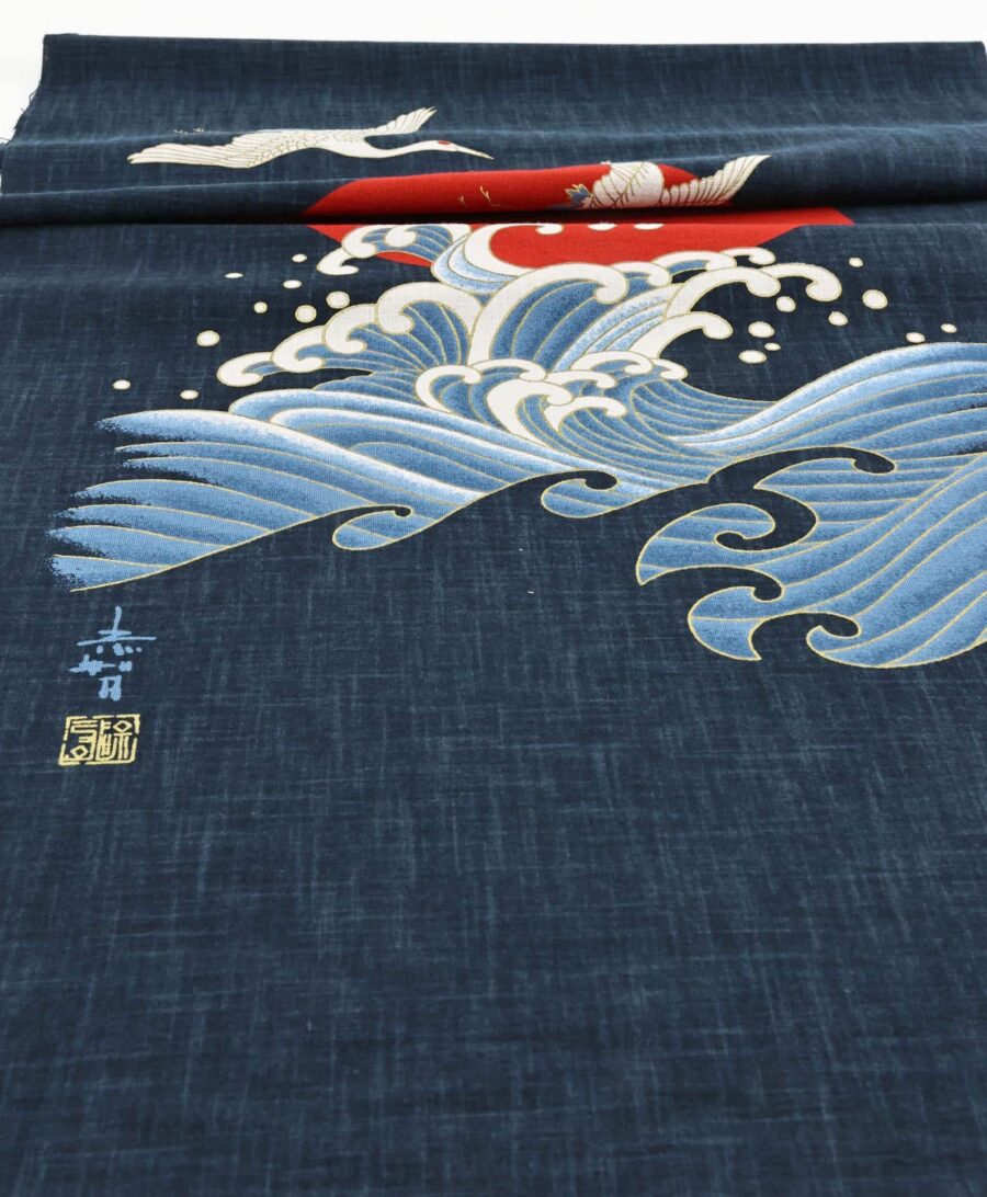 Japanese fabric panel with Crane Sun and Wav hand-printed