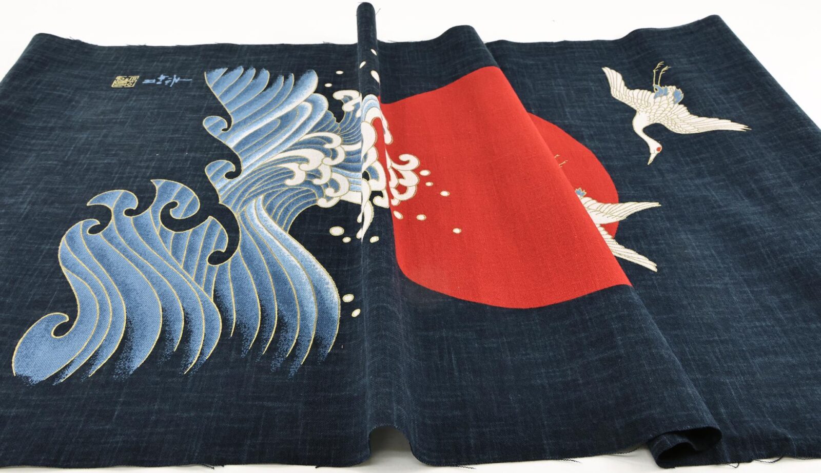 Japanese fabric panel with Crane Sun and Wav hand-printed
