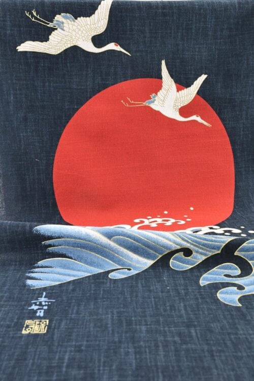 Japanese fabric panel with Crane Sun and Wav hand-printed
