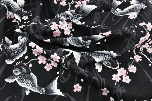 Tissu Japonais carpes et Sakura fond noir. Japanese fabric