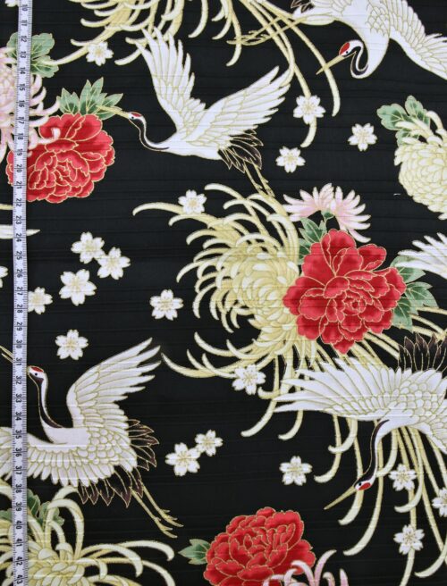 Japanese Tsuru fabric floral pattern black background