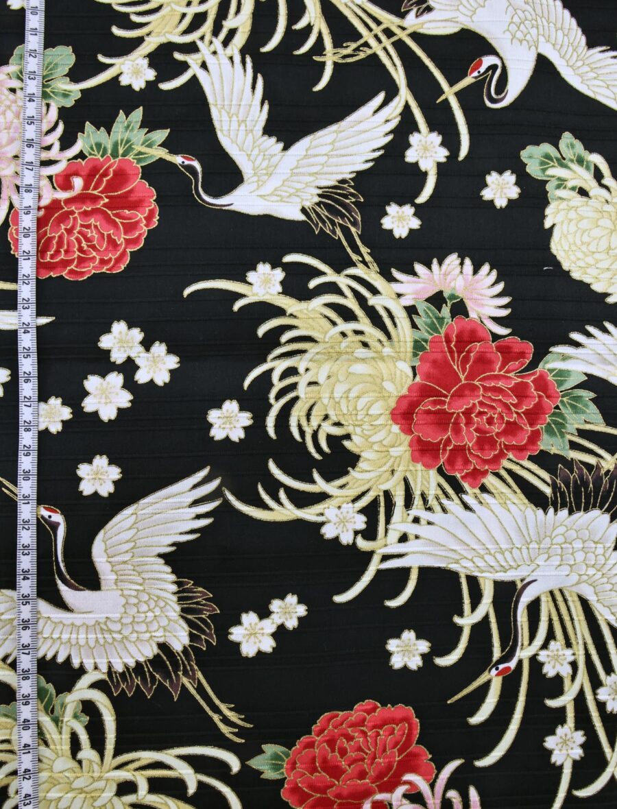 Japanese Tsuru fabric floral pattern black background