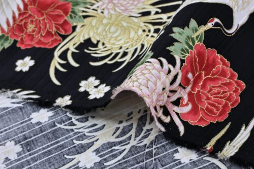 Japanese Tsuru fabric floral pattern black background