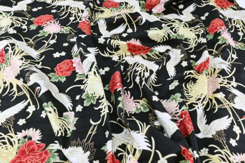 Japanese Tsuru fabric floral pattern black background