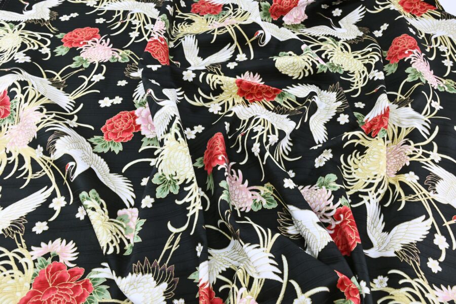 Japanese Tsuru fabric floral pattern black background