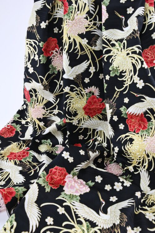 Japanese Tsuru fabric floral pattern black background