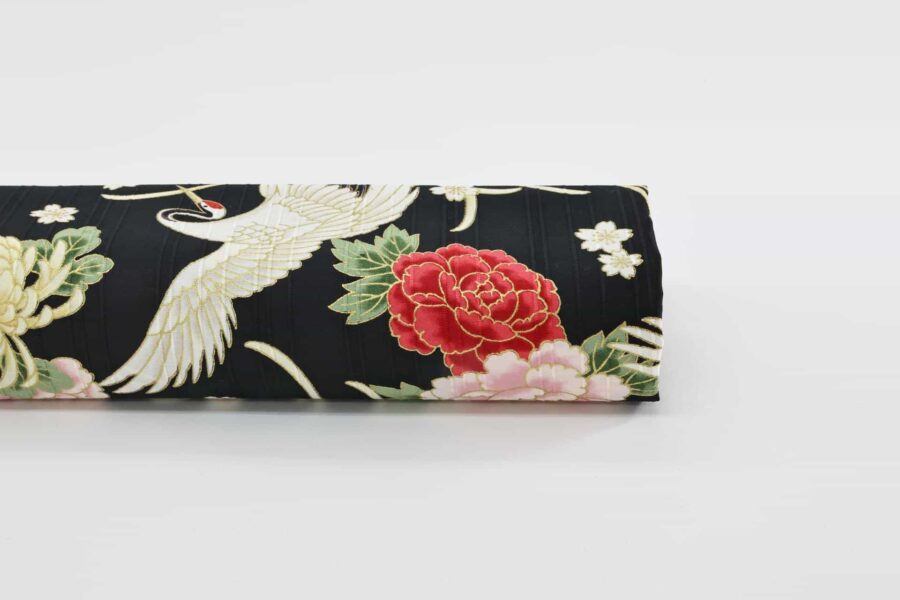 Japanese Tsuru fabric floral pattern black background