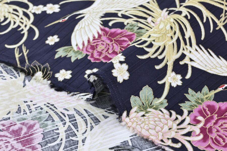 Japanese Tsuru fabric floral pattern blue background