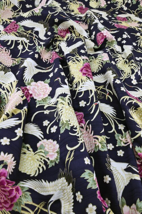 Japanese Tsuru fabric floral pattern blue background