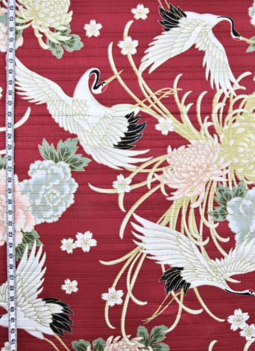 Japanese Tsuru fabric floral pattern red background