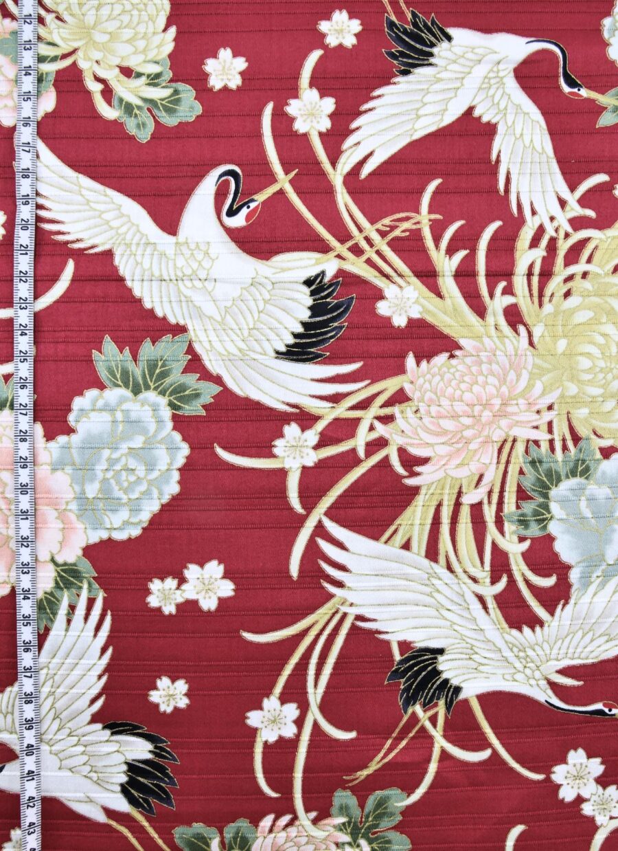 Japanese Tsuru fabric floral pattern red background