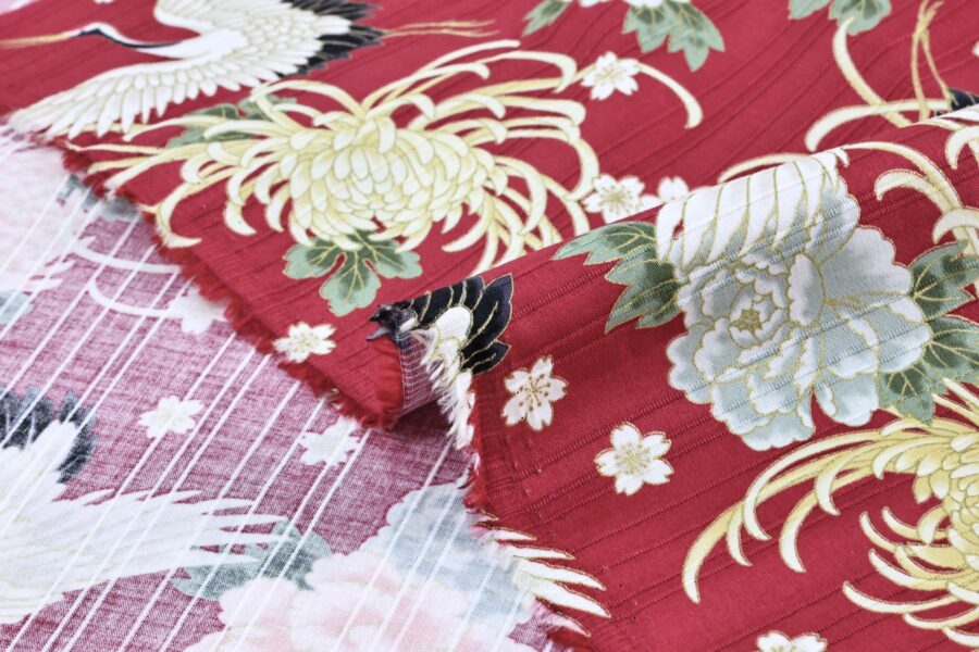 Japanese Tsuru fabric floral pattern red background