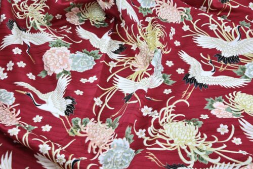 Japanese Tsuru fabric floral pattern red background