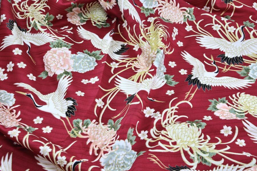 Japanese Tsuru fabric floral pattern red background