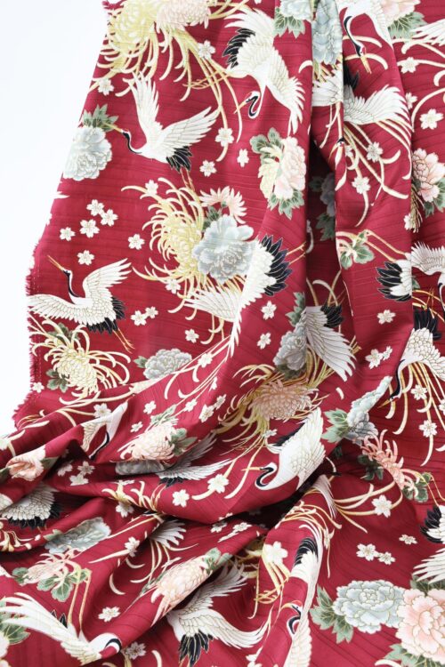 Japanese Tsuru fabric floral pattern red background