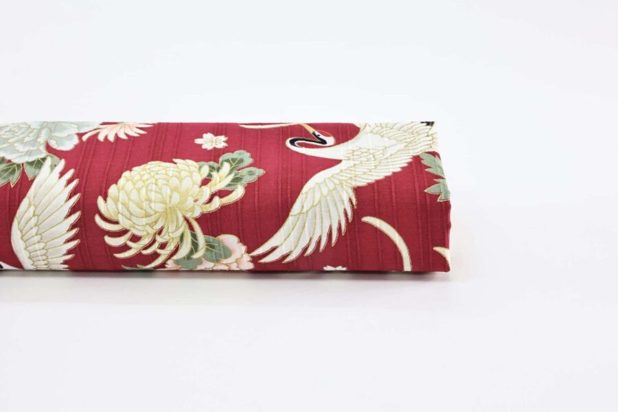 Japanese Tsuru fabric floral pattern red background