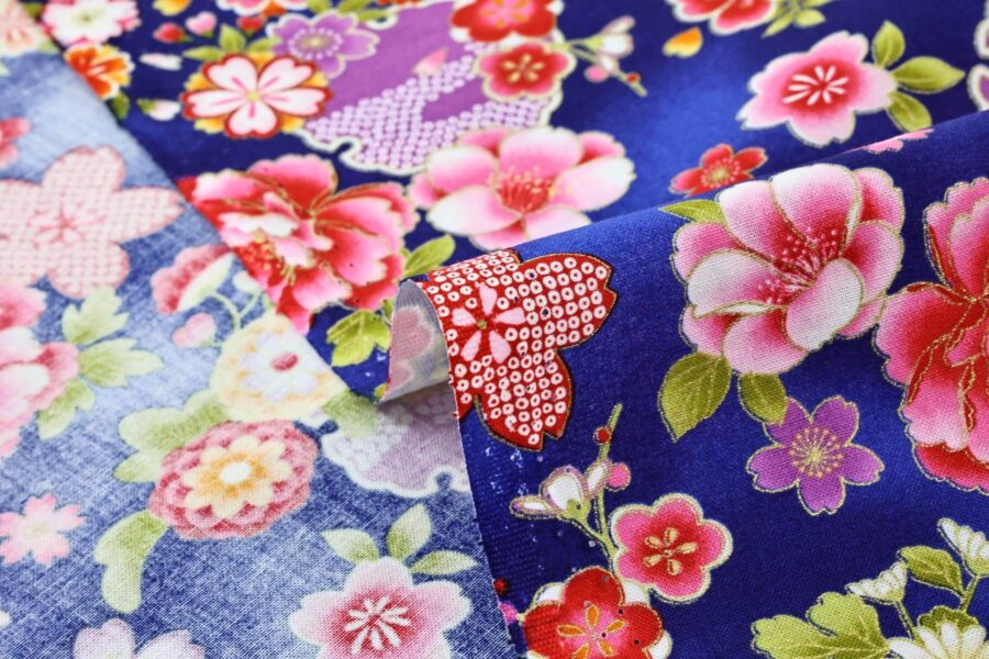 Japanese fabric with blossoms on imperial blue